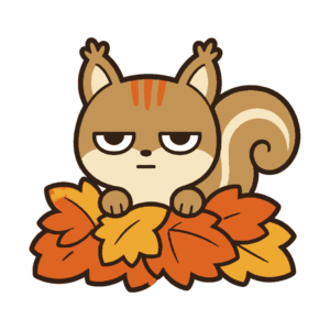 オレンジと黄色の落ち葉の山から顔を出すじとめのリスの秋イラスト（カラー）