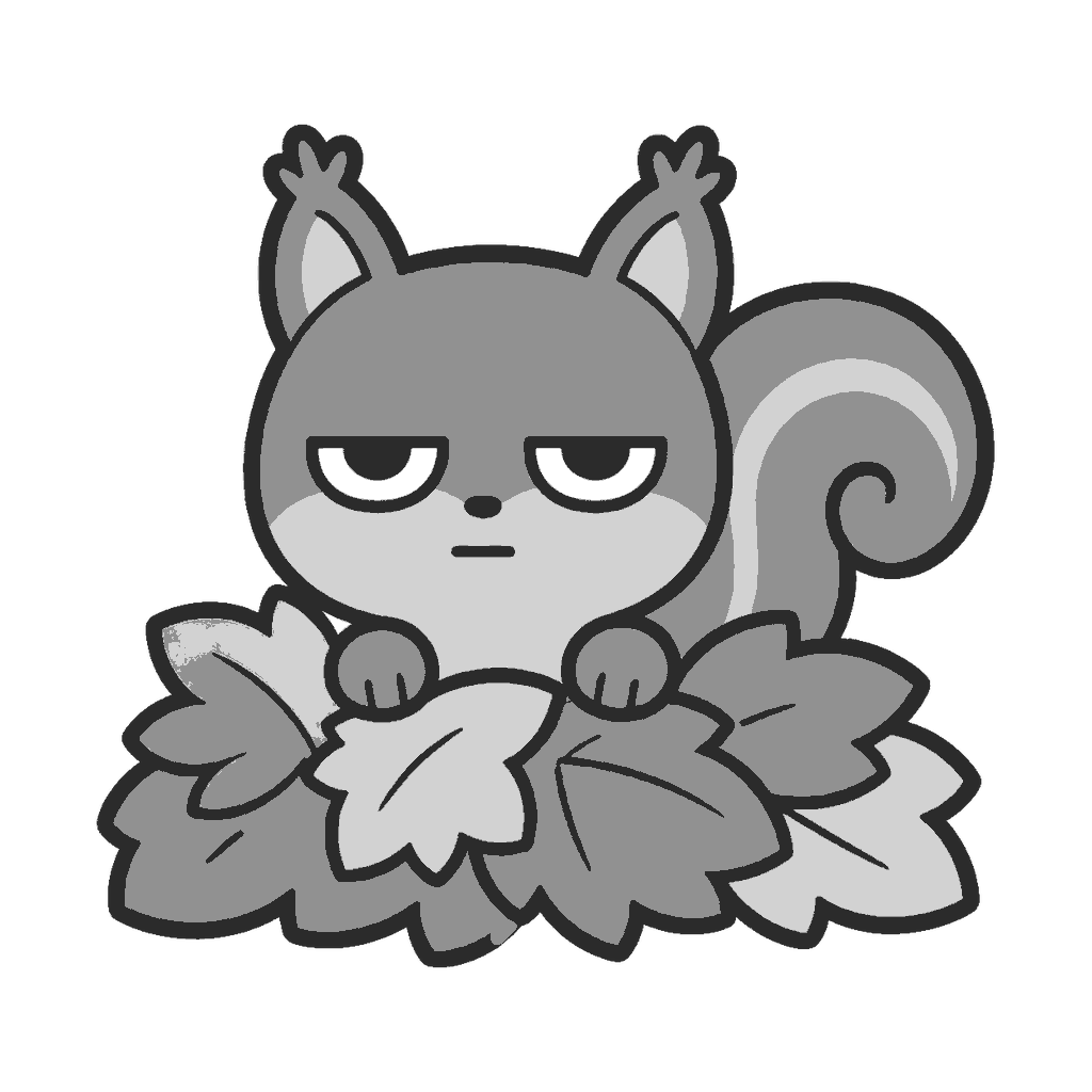 落ち葉の山から顔を出すリスのイラスト(モノクロ)