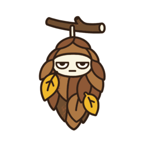短い枝からぶら下がる葉っぱの袋に入ったじとめのミノムシキャラクターのイラスト（カラー）
