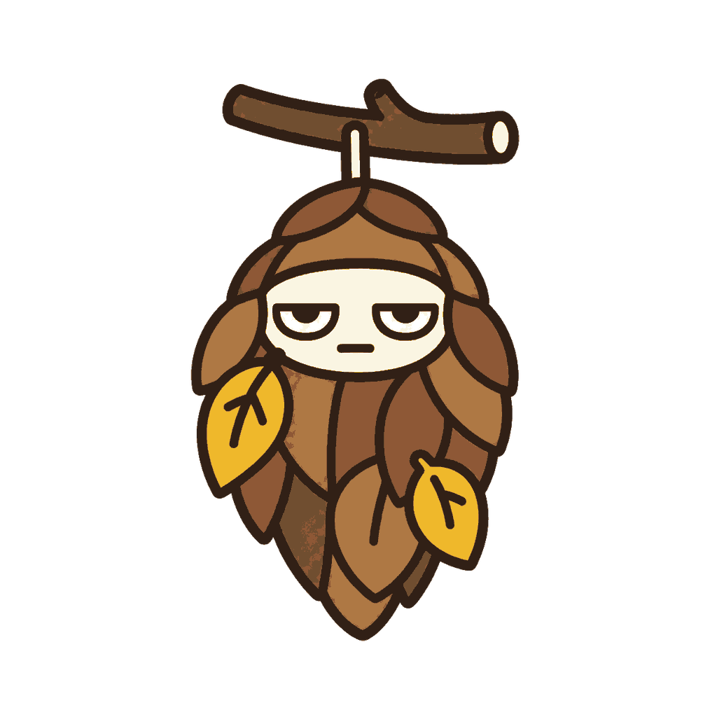 短い枝からぶら下がる葉っぱの袋に入ったじとめのミノムシキャラクターのイラスト（カラー）