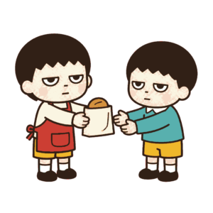 パンの入った紙袋を渡すエプロン姿の子どもと両手で受け取るじとめの子どもの全身イラスト（カラー）