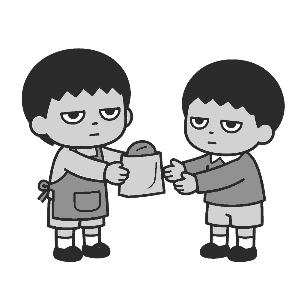 お店屋さんごっこでパンを渡す子どものイラスト（モノクロ）