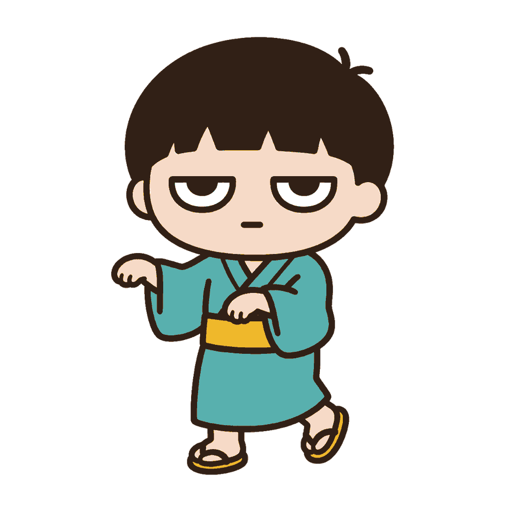 浴衣を着て片足を上げながら盆踊りをするじとめの子どもの全身イラスト（カラー）