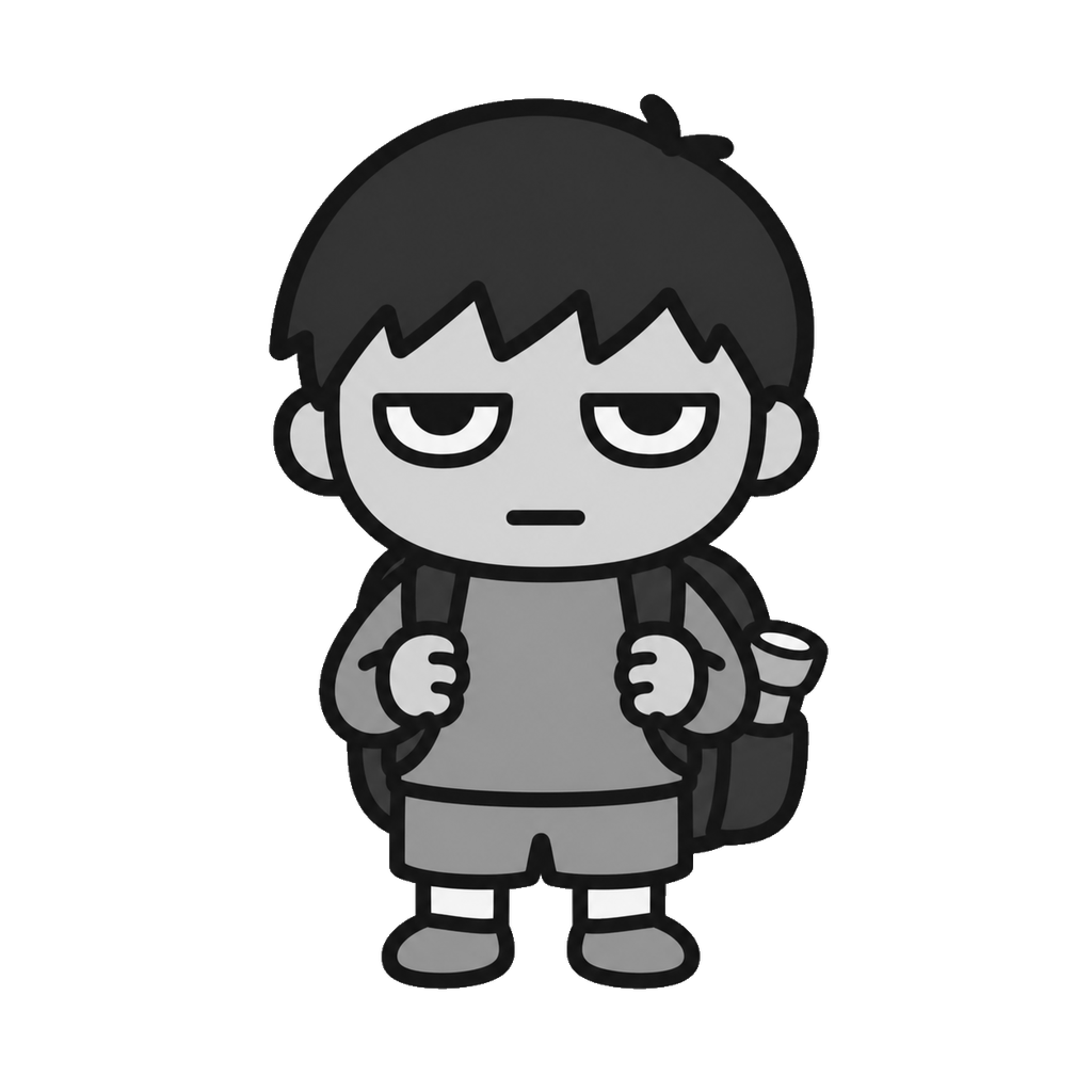 防災リュックを背負うじとめの子どものイラスト(モノクロ)