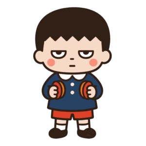 両手に赤橙色のカスタネットを持って演奏するじとめの子どもの全身イラスト(カラー)