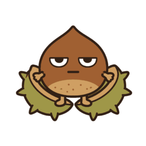 左右に開いた緑がかったいがに入ったじとめの栗キャラクターのイラスト（カラー）