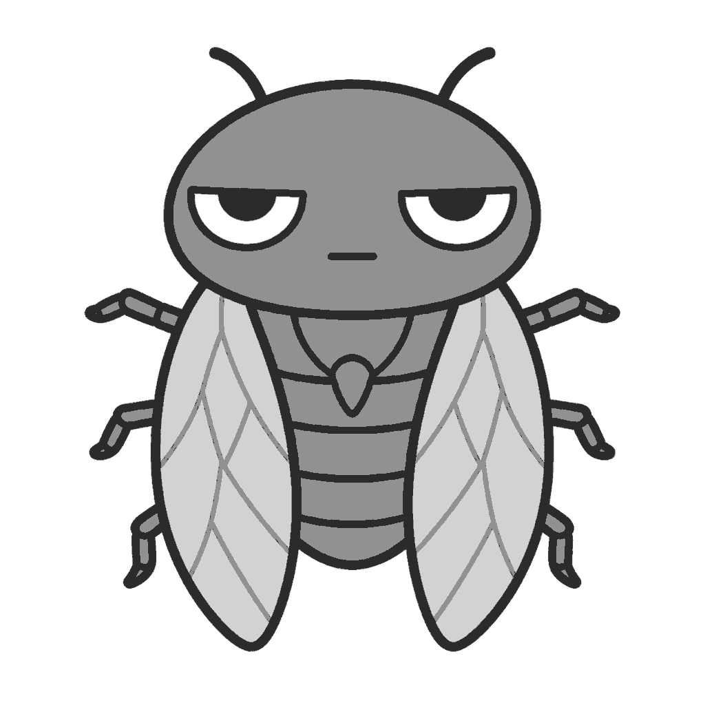 じとめのセミキャラクターのイラスト（モノクロ）