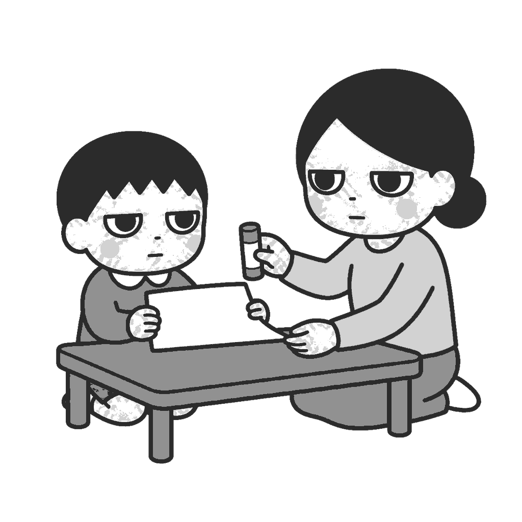 保育参観で親子製作をする親子のイラスト(モノクロ)