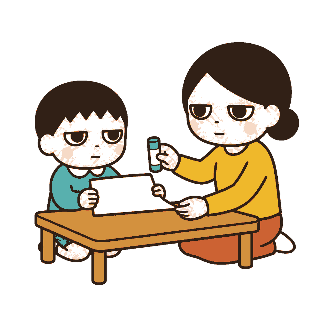 低い机を挟み無地の紙とスティックのりを使って親子製作をするじとめの子どもと母親の全身イラスト（カラー）