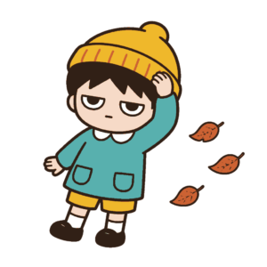木枯らしに体を傾けて黄色いニット帽を片手で押さえるじとめの子どもと三枚の落ち葉の全身イラスト（カラー）