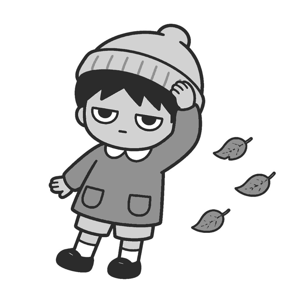 木枯らしで帽子を押さえる子どものイラスト（モノクロ）