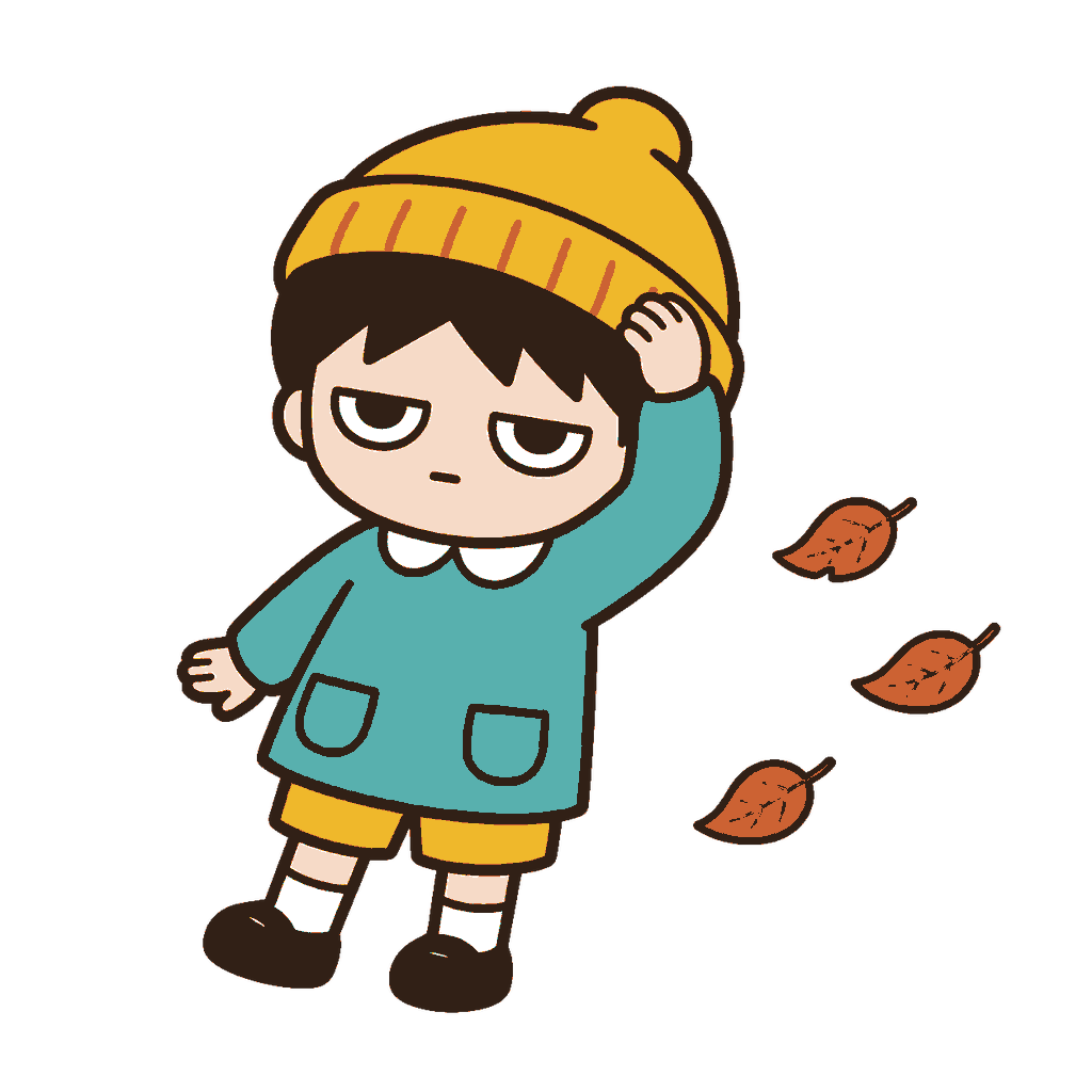 木枯らしで帽子を押さえる子どものイラスト（カラー）