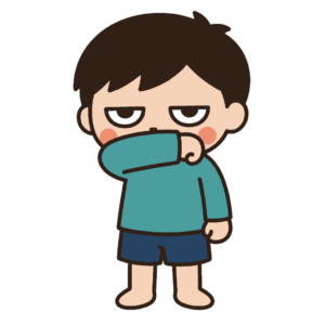 ひじの内側に口と鼻を当てて咳エチケットをするじとめの子どものイラスト（カラー）