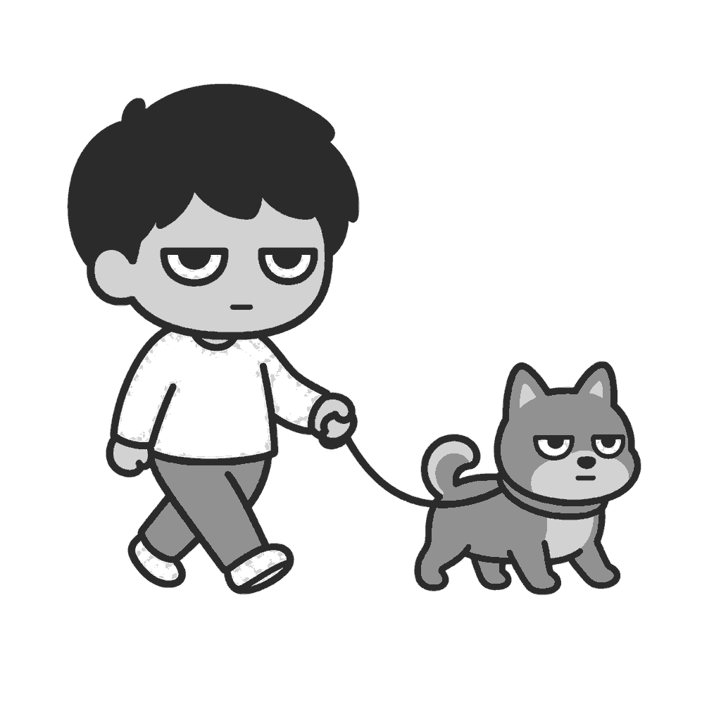 犬の散歩をする子どものイラスト（モノクロ）