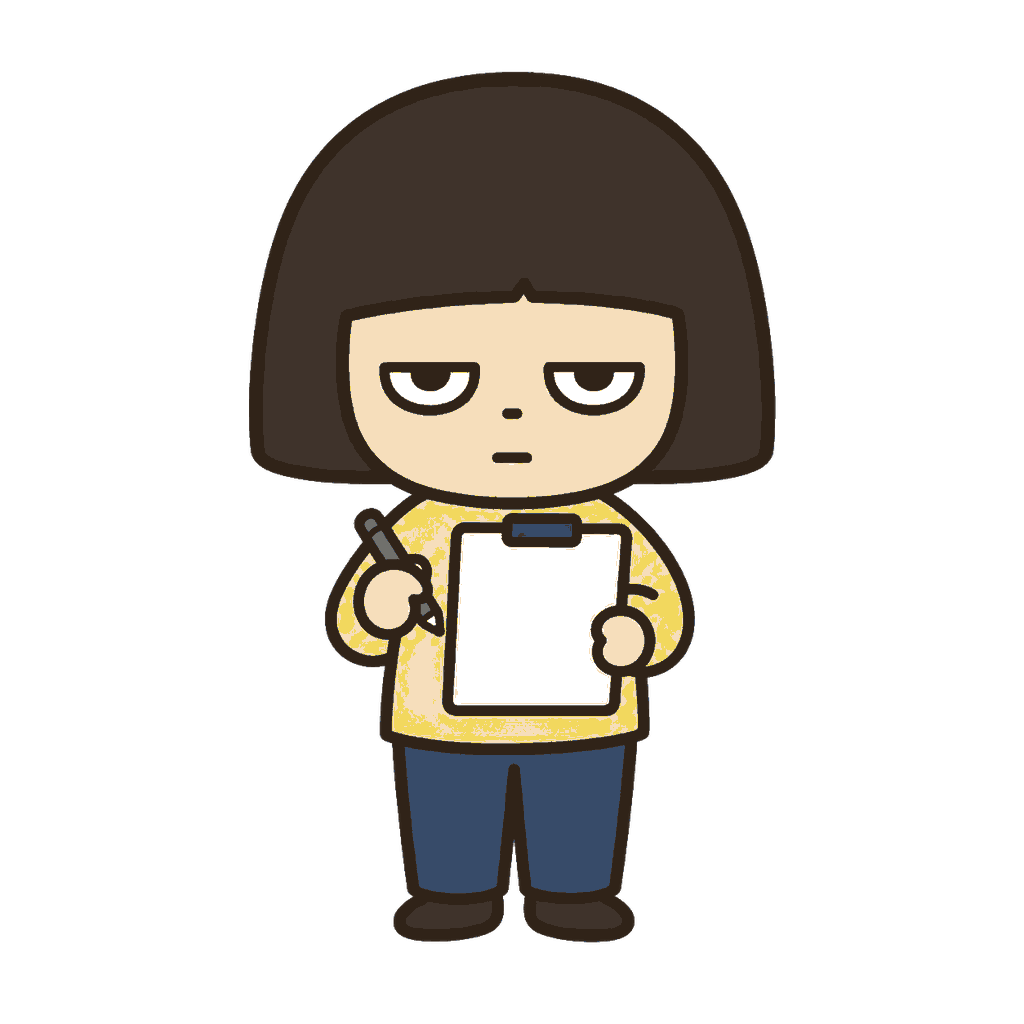 避難訓練でクリップボードを持ち点呼するじとめの保育士イラスト（カラー）