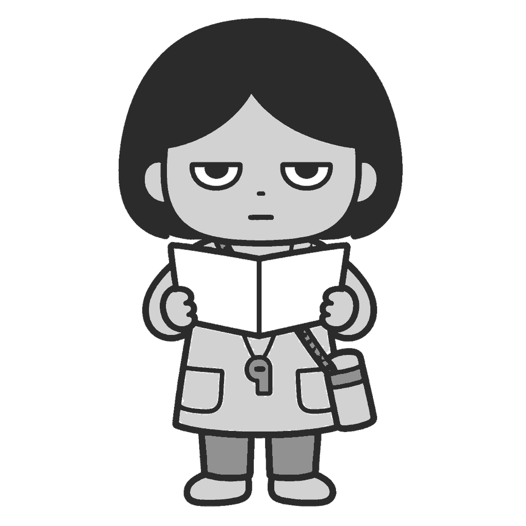 遠足のしおりを持つ保育士のイラスト（モノクロ）