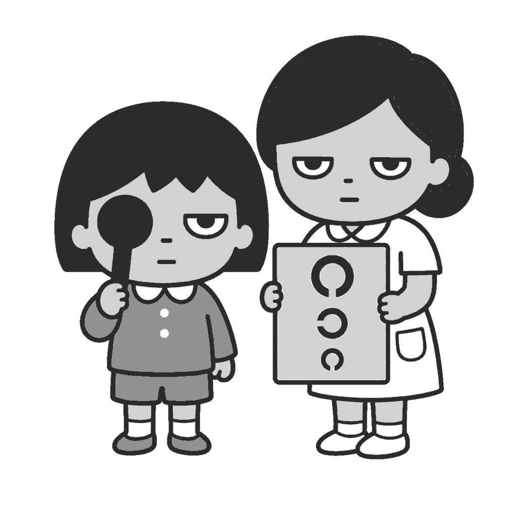 視力検査を受ける子どものイラスト（モノクロ）