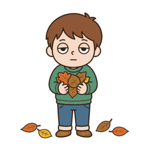 両手で落ち葉を抱えて足元にも落ち葉があるじとめの子どもの全身イラスト（カラー）