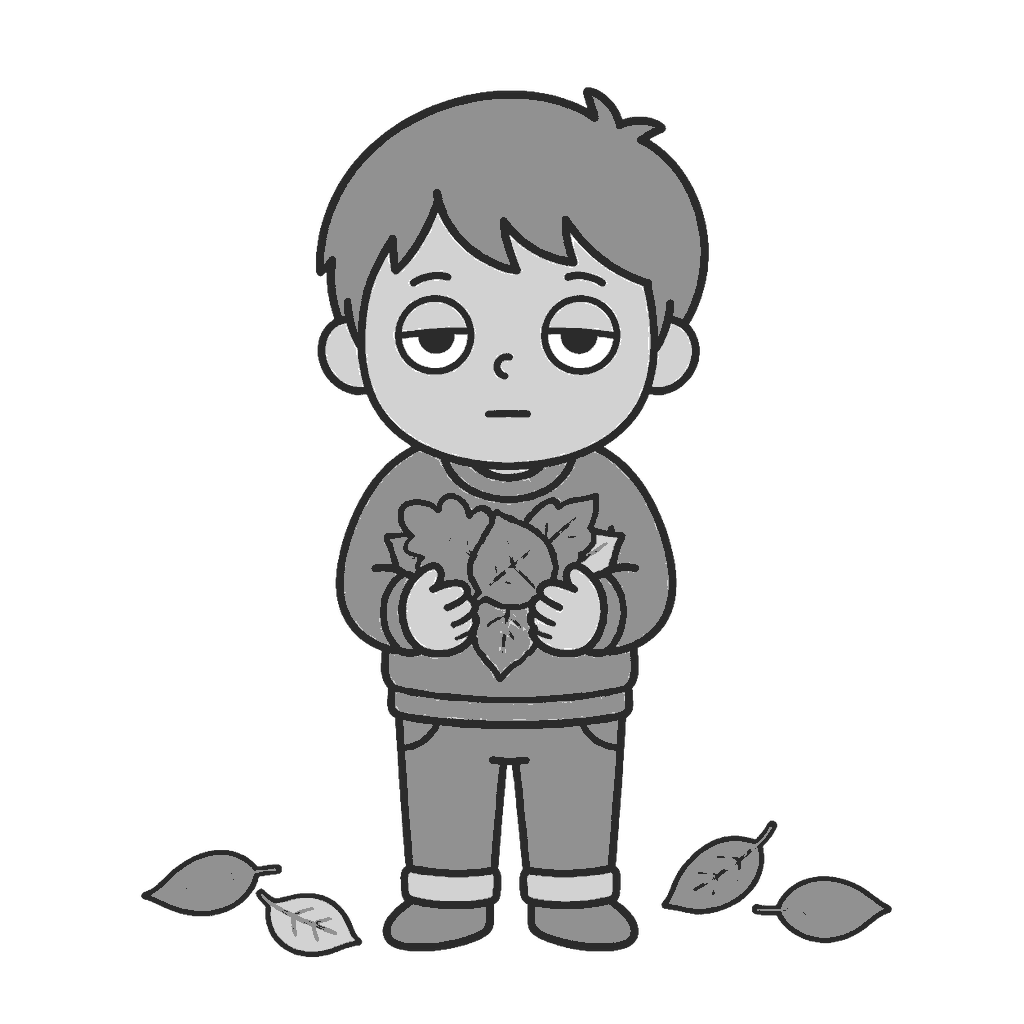 落ち葉で遊ぶ子どものイラスト(モノクロ)