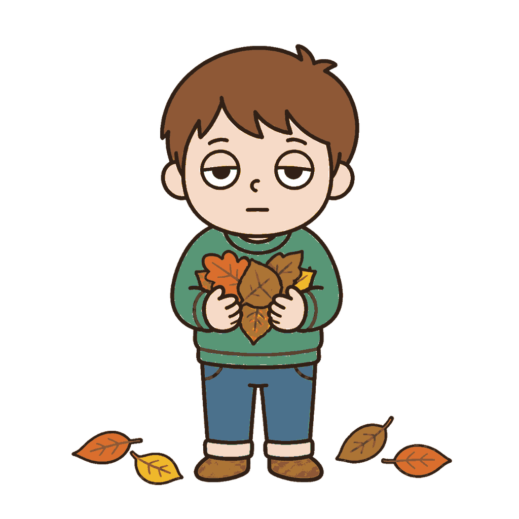 両手で落ち葉を抱えて足元にも落ち葉があるじとめの子どもの全身イラスト（カラー）
