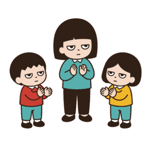 胸の前で拍手する二人の子どもと中央の先生を並べたじとめの全身イラスト（カラー）