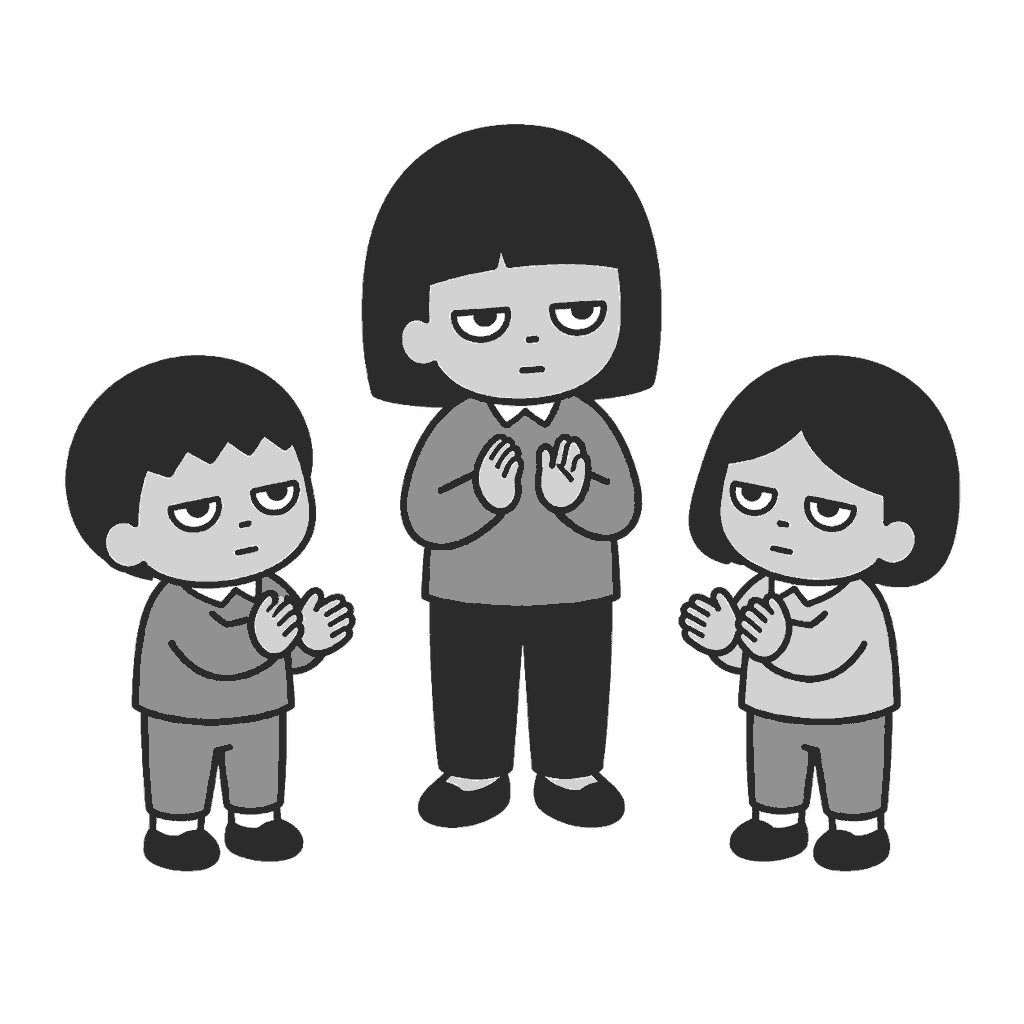 お別れ会で拍手する子どもたちと先生のイラスト(モノクロ)