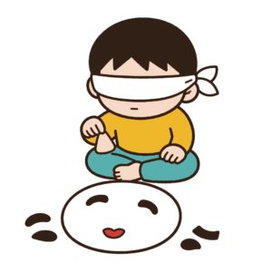 白い目隠しをしてお多福の顔へ鼻の部品を置こうとするじとめの子どもの全身イラスト（カラー）