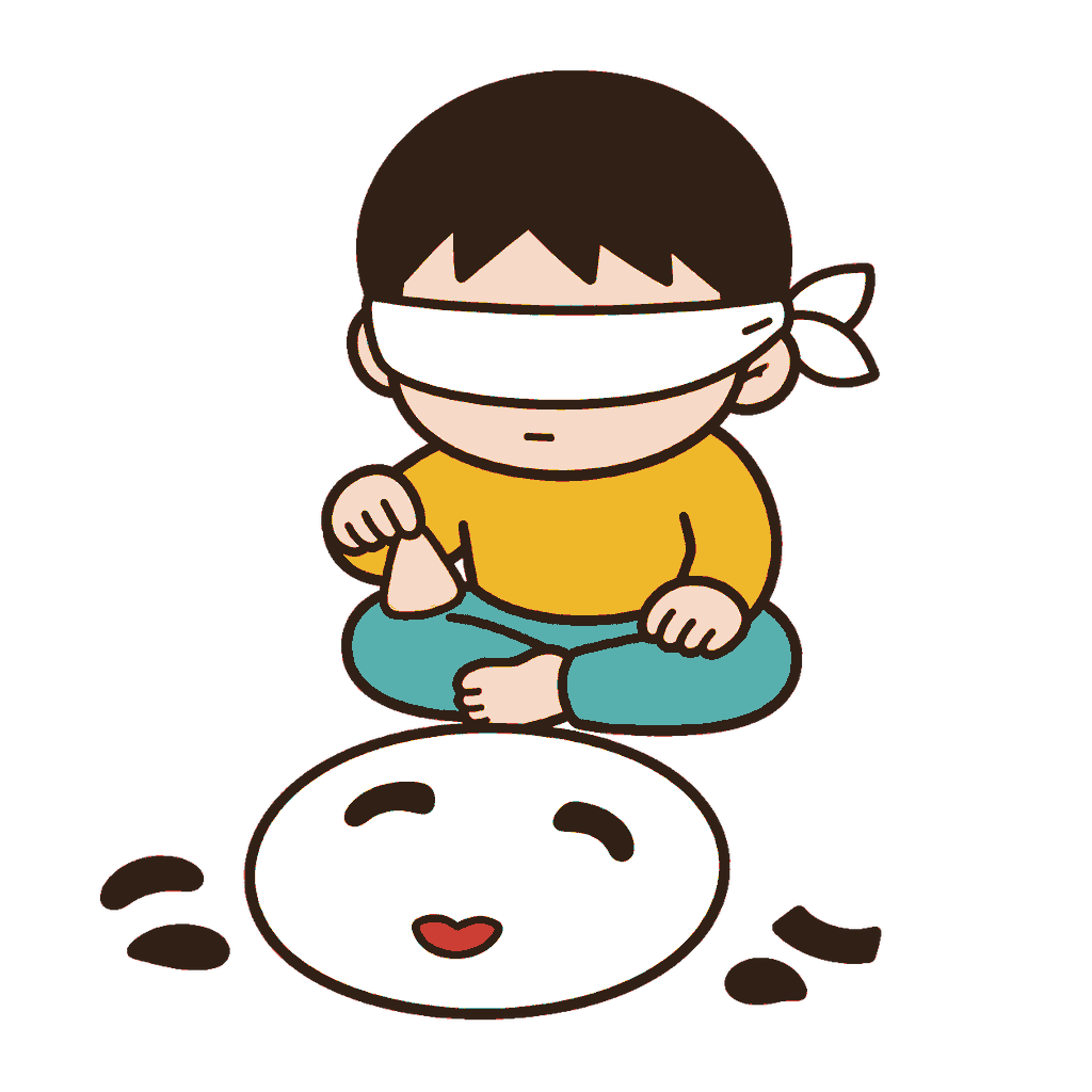 白い目隠しをしてお多福の顔へ鼻の部品を置こうとするじとめの子どもの全身イラスト（カラー）