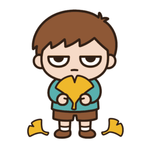大きな黄色いイチョウの葉を両手で持つじとめの子どもの全身イラスト（カラー）