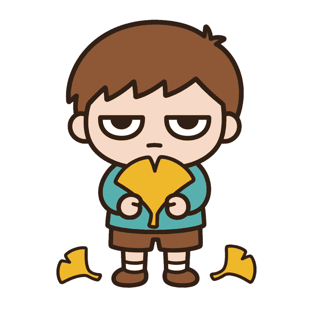 大きな黄色いイチョウの葉を両手で持つじとめの子どもの全身イラスト（カラー）