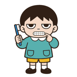 青い歯ブラシを持ち白く整った歯を指さすじとめの子どもの全身イラスト(カラー)