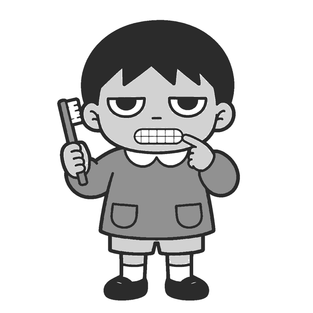 いい歯の日に歯ブラシを持つ子どものイラスト(モノクロ)