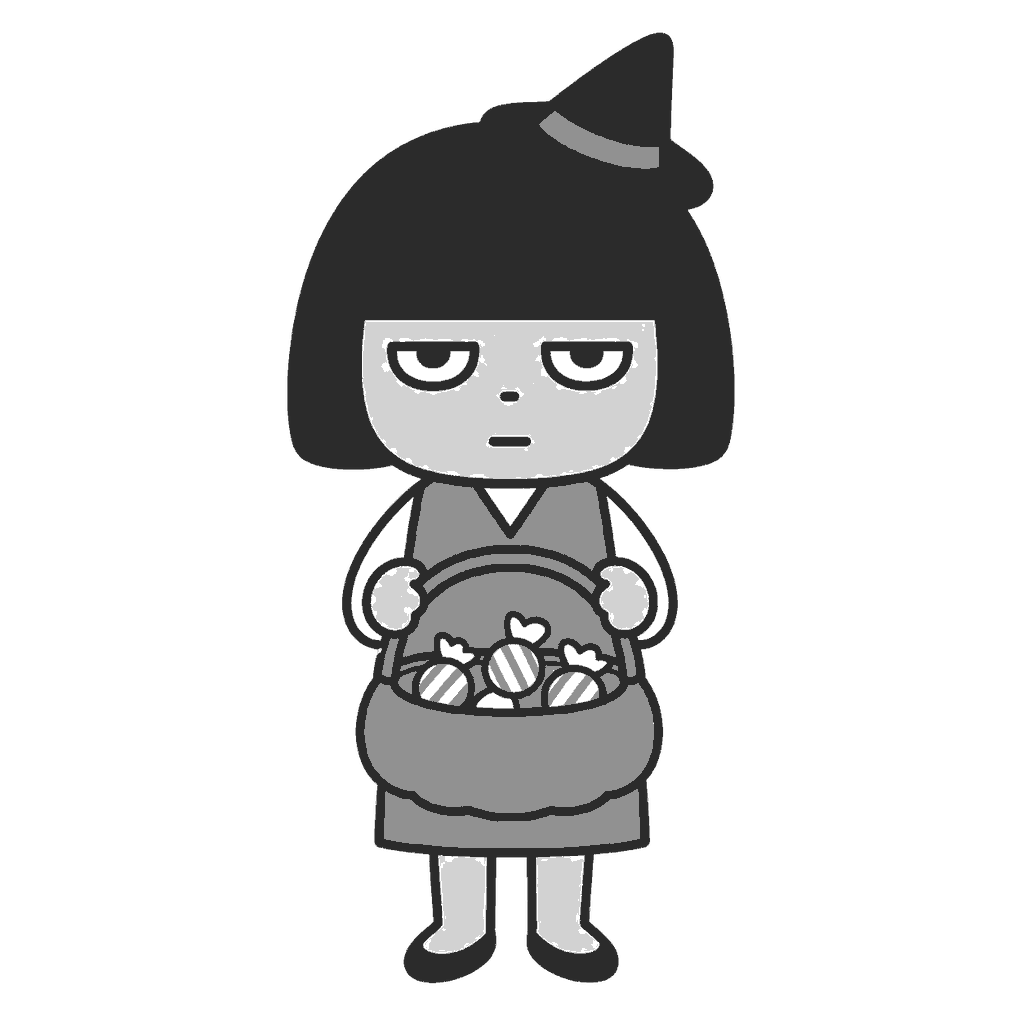 ハロウィンのお菓子を配る保育士のイラスト（モノクロ）