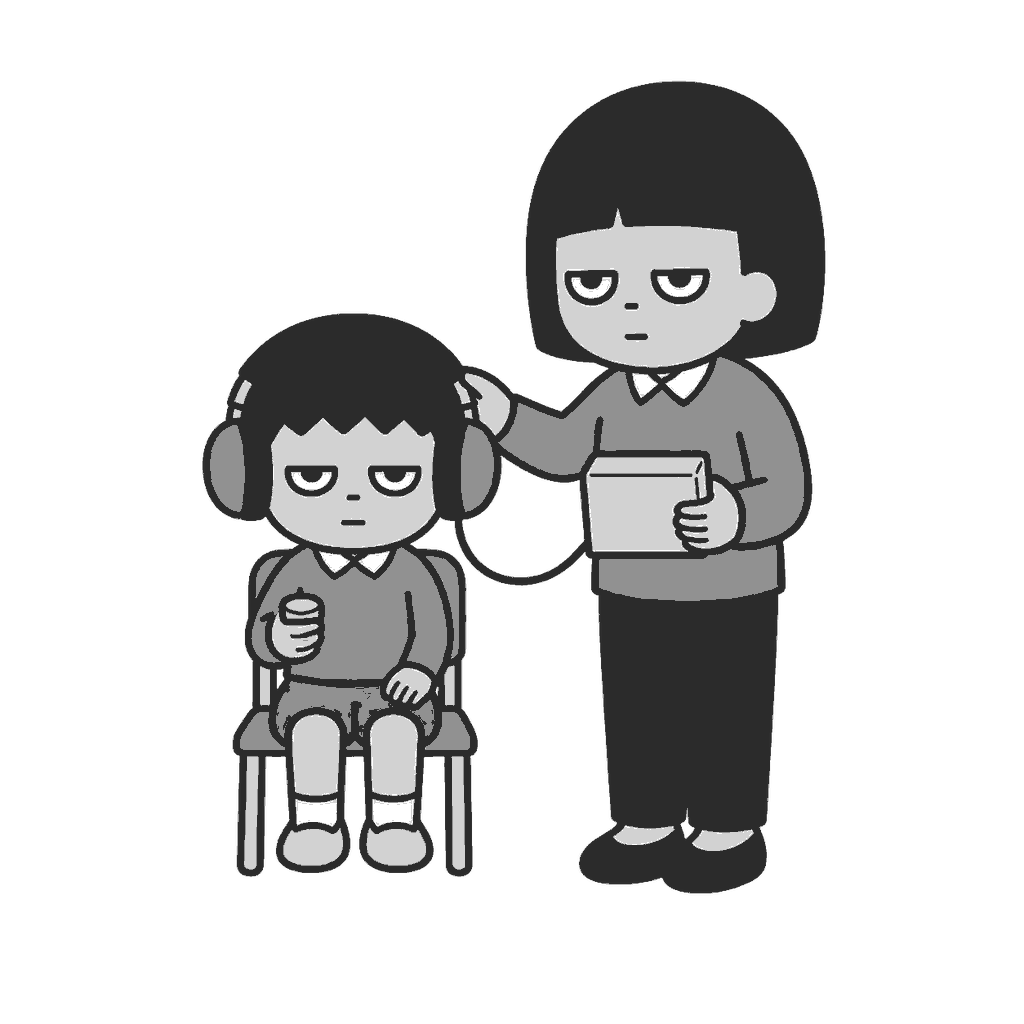 聴力検査を受ける子どものイラスト(モノクロ)