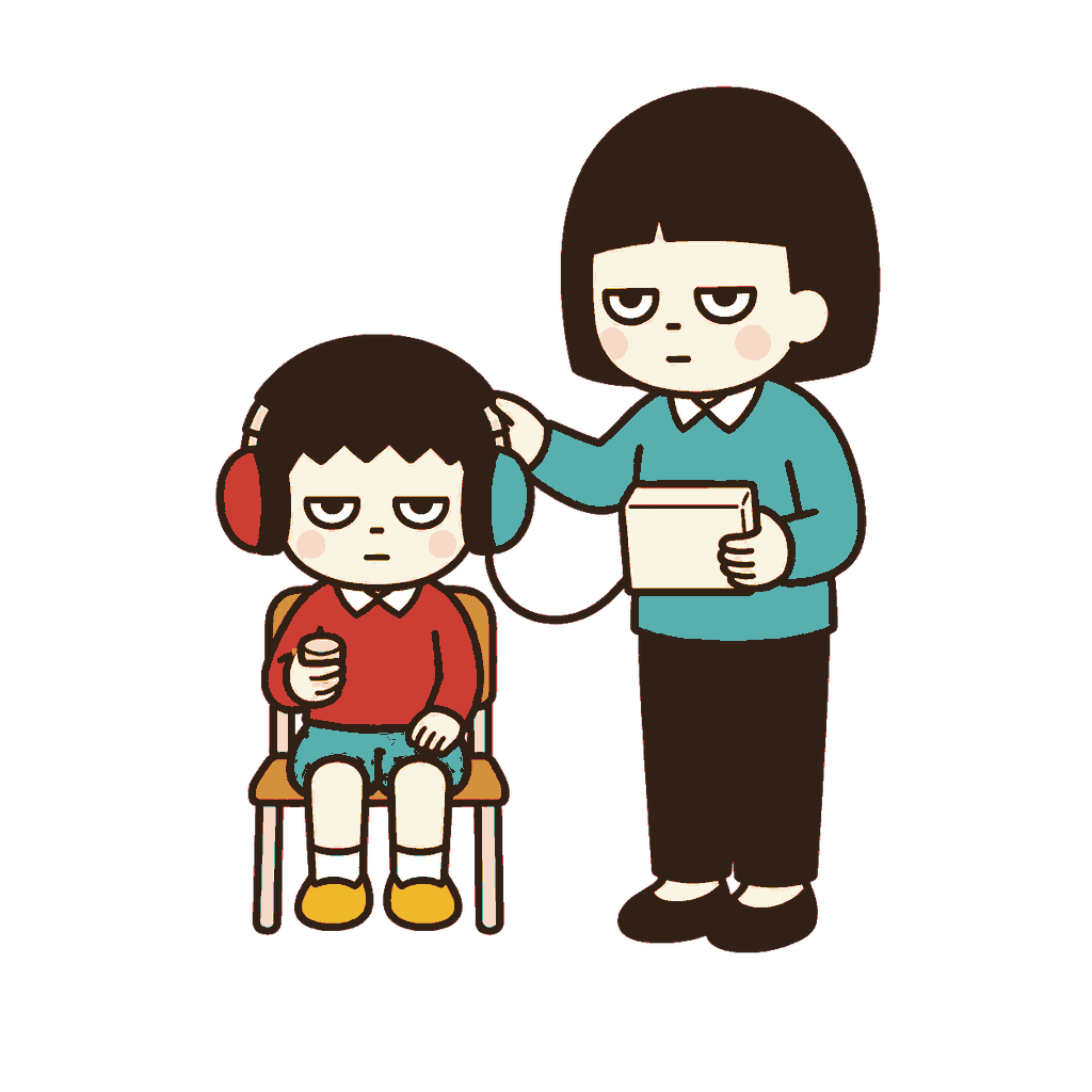 椅子に座って耳覆い付きヘッドホンを装着し応答ボタンを持つじとめの子どもと聴力検査器を持つ養護教諭の全身イラスト（カラー）