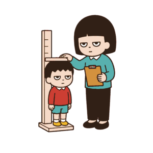 身長計に立つじとめの子どもの頭へ測定板を下ろす保育士と無地の記録板の全身イラスト（カラー）