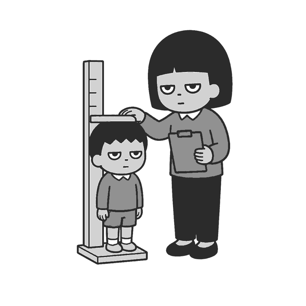 身体測定で身長を測る子どものイラスト(モノクロ)