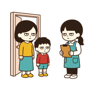 家庭訪問で玄関先に立つエプロン姿の先生を保護者とじとめの子どもが迎える全身イラスト（カラー）