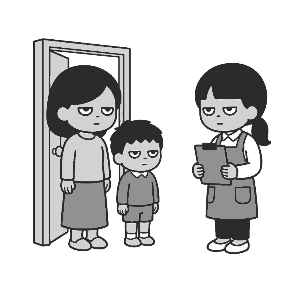 家庭訪問で先生を迎える親子のイラスト(モノクロ)