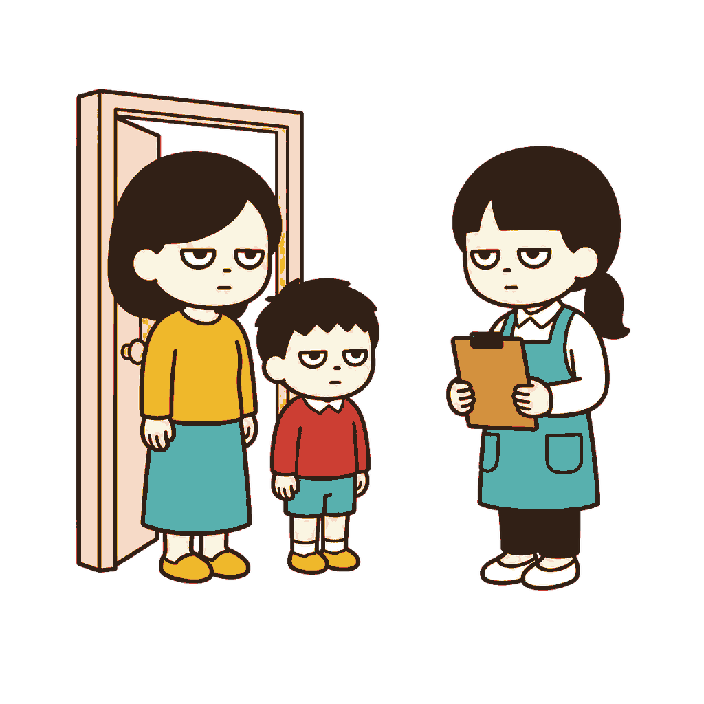 家庭訪問で玄関先に立つエプロン姿の先生を保護者とじとめの子どもが迎える全身イラスト（カラー）