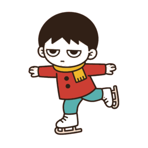 両腕を広げて片足を上げ白いスケート靴で滑るじとめの子どもの全身イラスト（カラー）