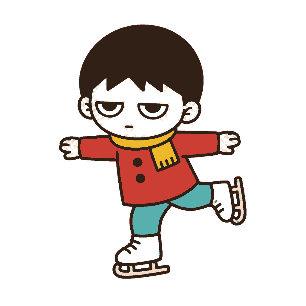 両腕を広げて片足を上げ白いスケート靴で滑るじとめの子どもの全身イラスト（カラー）