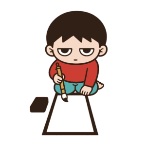 正座して筆を持ち白い半紙へ向かうじとめの子どもと硯の全身イラスト（カラー）