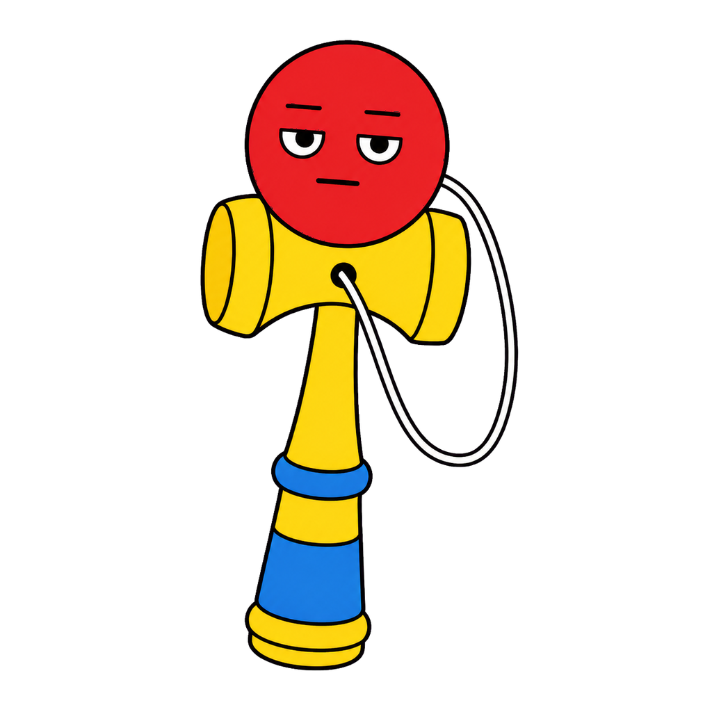 赤い玉と黄色い本体のけん玉のかわいいイラスト（カラー）