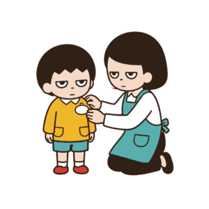 入園式に保育士から白い名札を付けてもらう黄色い園服のじとめの子どもの全身イラスト（カラー）