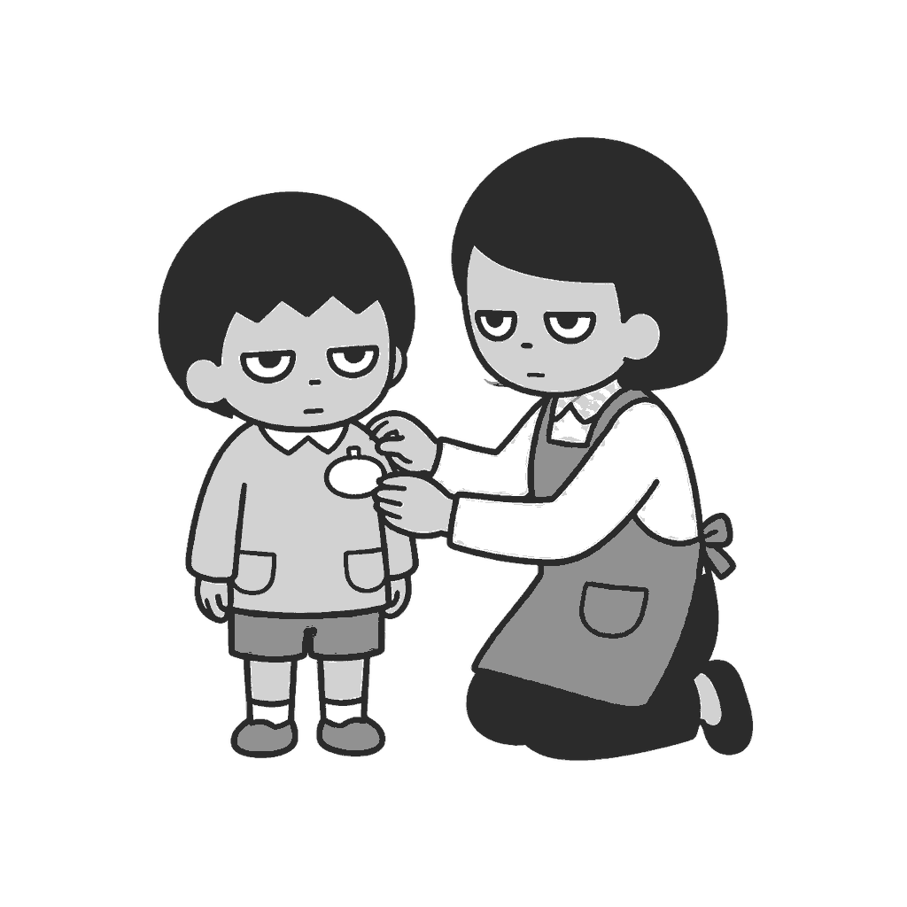入園式で名札を付けてもらう子どものイラスト(モノクロ)
