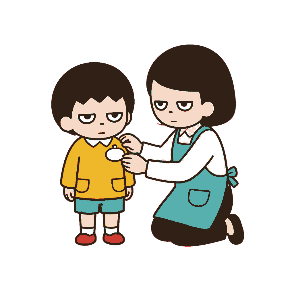 入園式に保育士から白い名札を付けてもらう黄色い園服のじとめの子どもの全身イラスト（カラー）