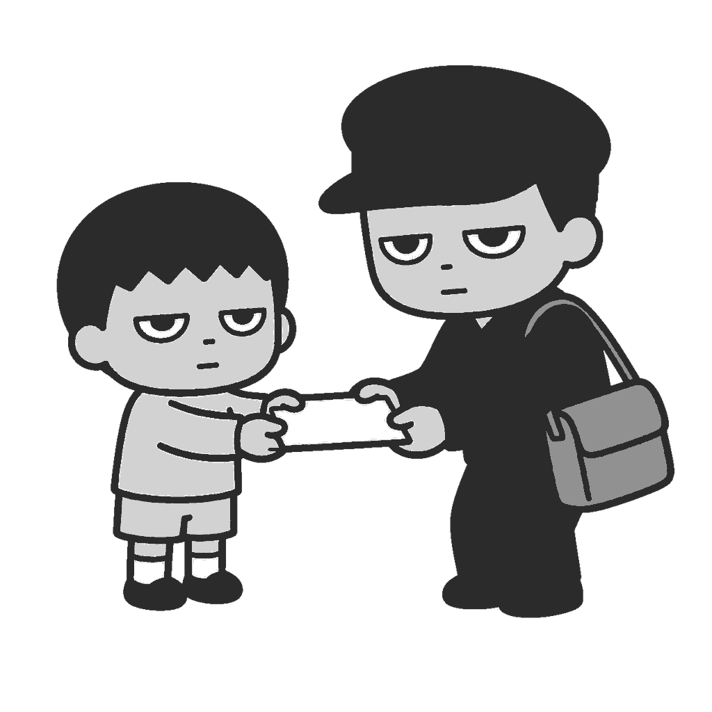 勤労感謝の日にありがとうカードを渡す子どもと配達員のイラスト（モノクロ）