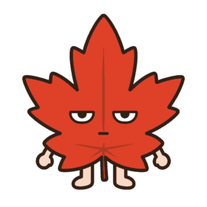 赤橙色の大きな葉に半眼と短い手足が付いたじとめのもみじキャラクターのイラスト（カラー）