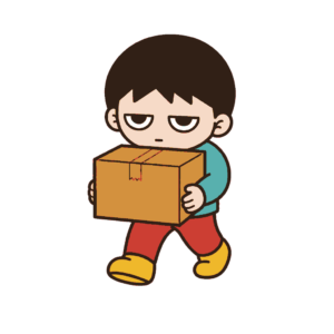無地の段ボール箱を両腕で抱えて一歩踏み出すじとめの子どもの全身イラスト（カラー）